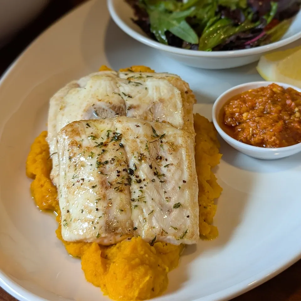 Grilled gummy shark fillet with chimichurri and roasted sweet potato